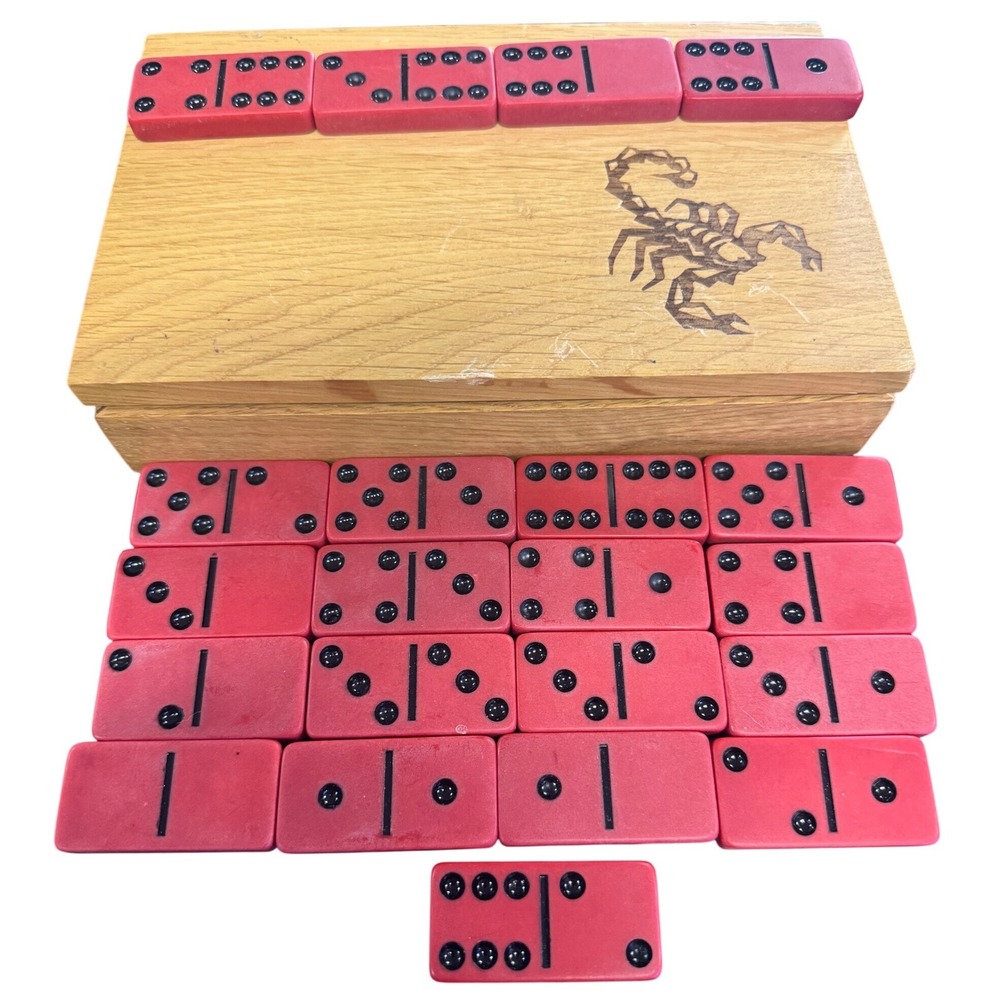 Vintage Red Dominoes Double Six Set in Scorpion Box  partial set bakelite